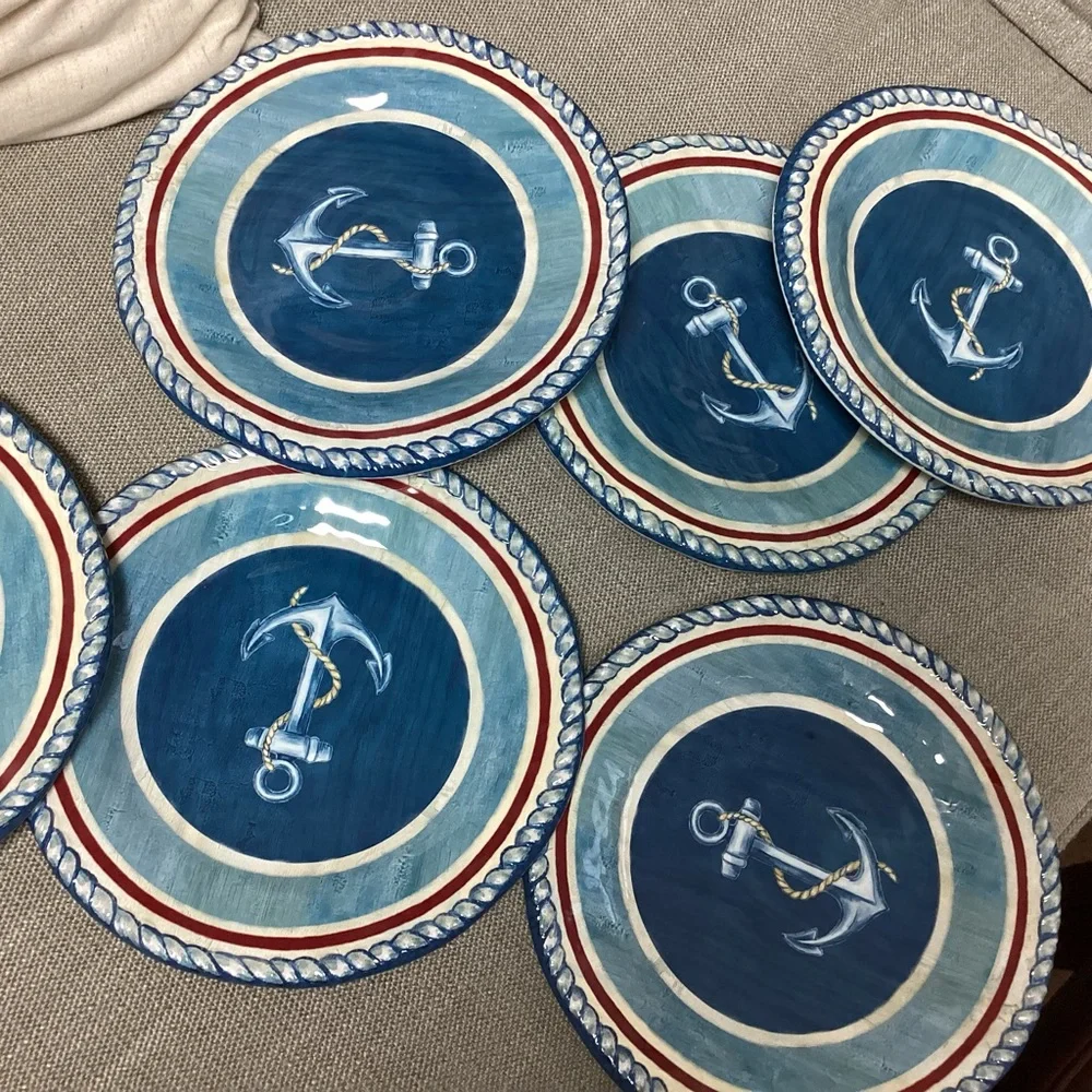 Vintage Cynthia Coulter Melamine Sail Away Nautical Anchor (6) 9" Salad Plates - Picture 3 of 13